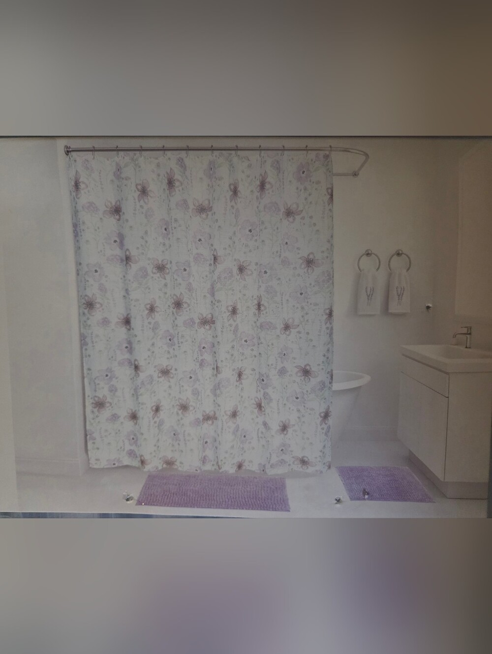 Nanette Lepore Lavender Floral Shower Curtain and Hooks- Purple & White